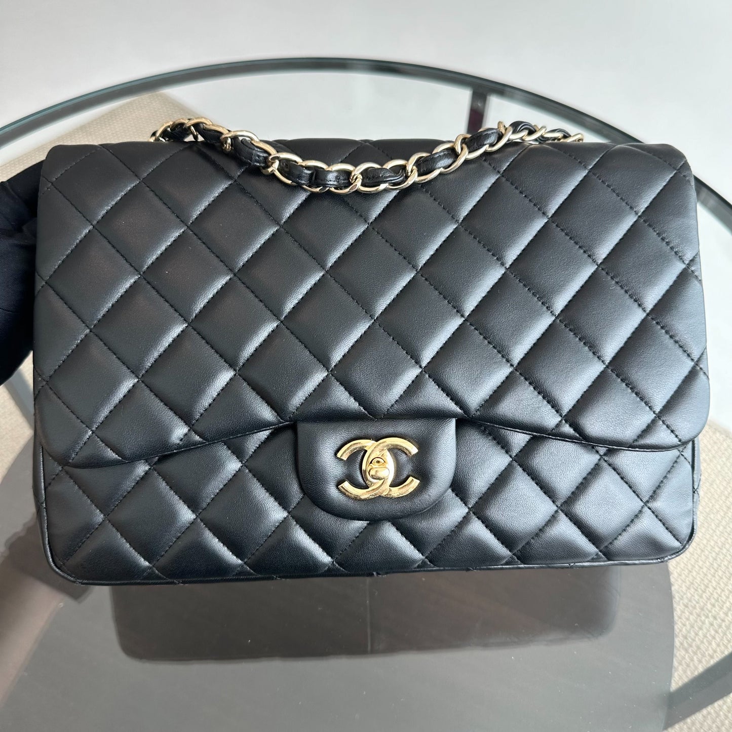 Classic Flap Jumbo 30CM Single Flap Quilted Lambskin Black GHW No 14