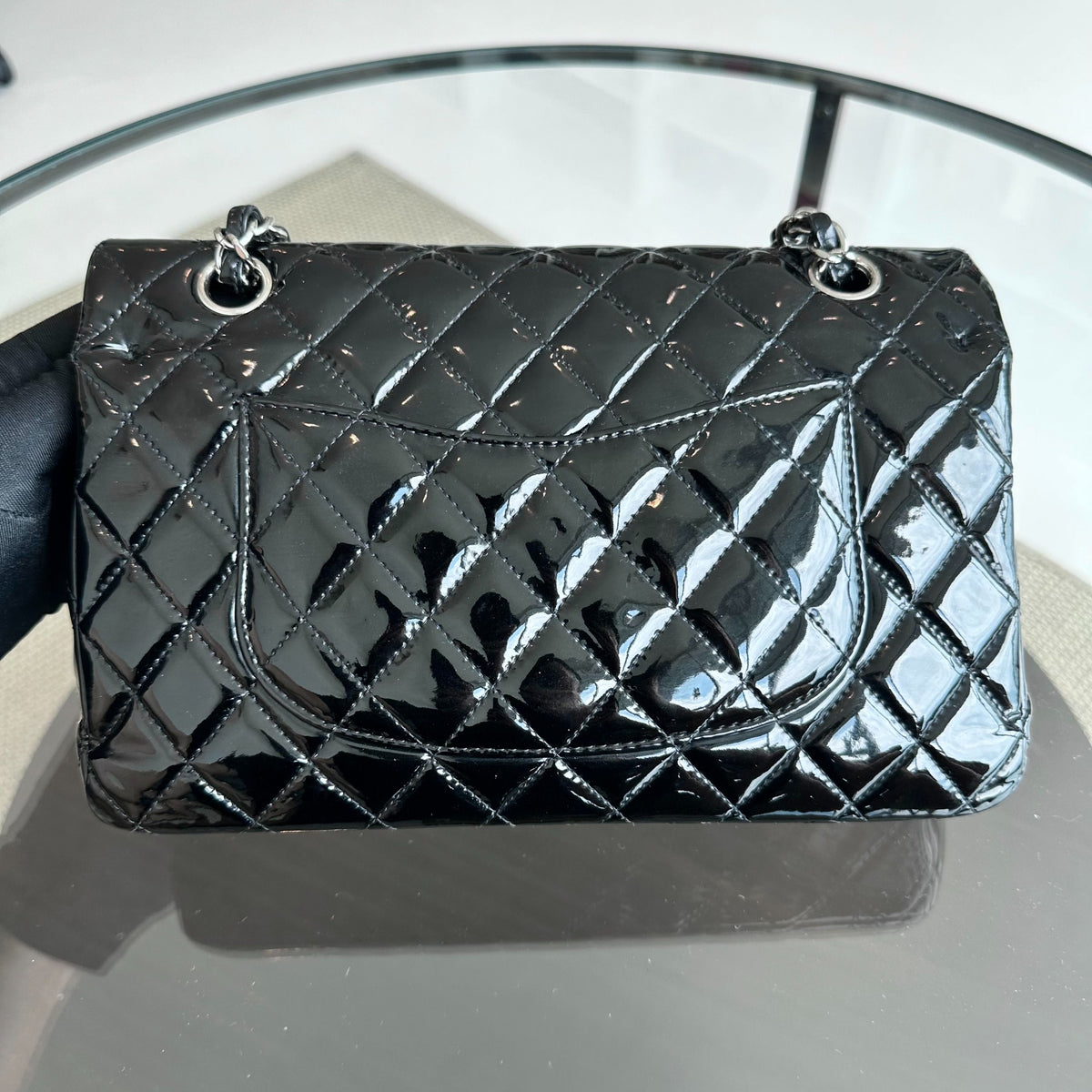 Classic Flap Medium Double Flap Patent Leather Quilted Black SHW