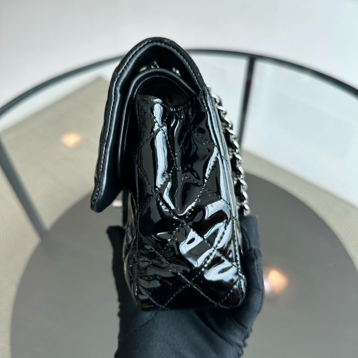 Classic Flap Medium Double Flap Patent Leather Quilted Black SHW