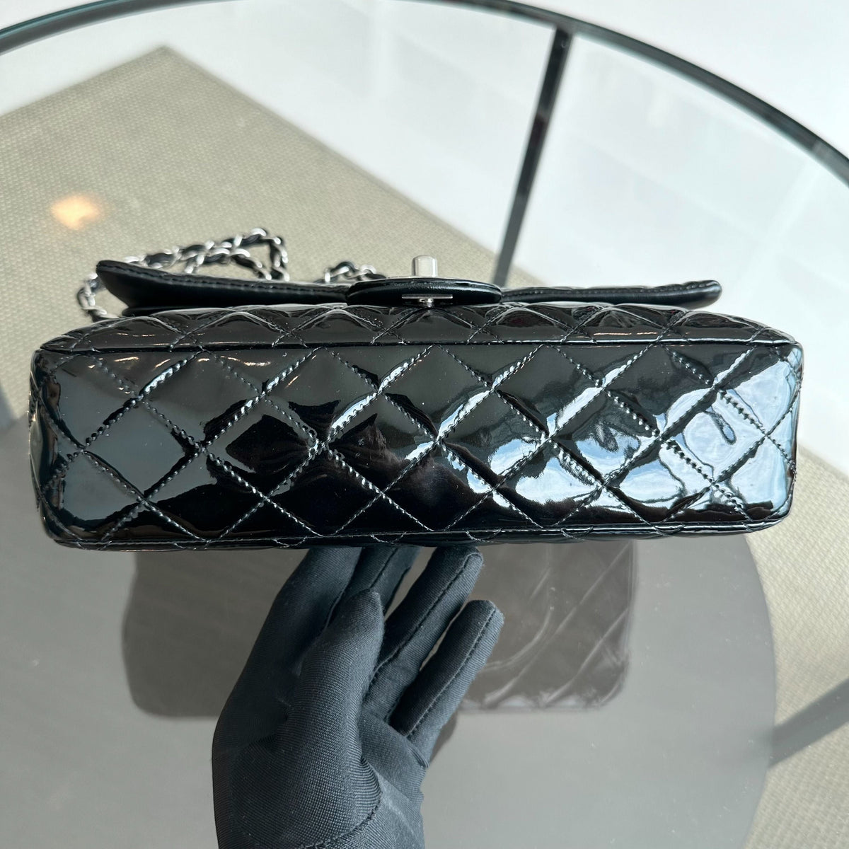Classic Flap Medium Double Flap Patent Leather Quilted Black SHW
