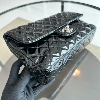 Classic Flap Medium Double Flap Patent Leather Quilted Black SHW