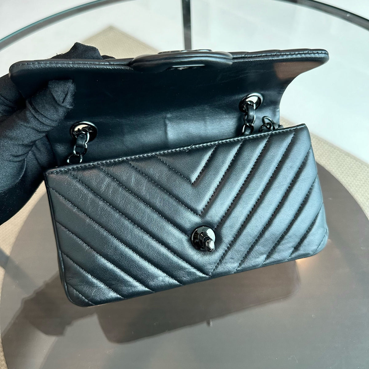 Classic Flap Mini Rectangular 20CM Lambskin Chevron All Black BHW No 21