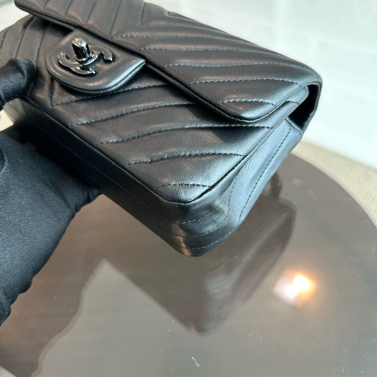 Classic Flap Mini Rectangular 20CM Lambskin Chevron All Black BHW No 21