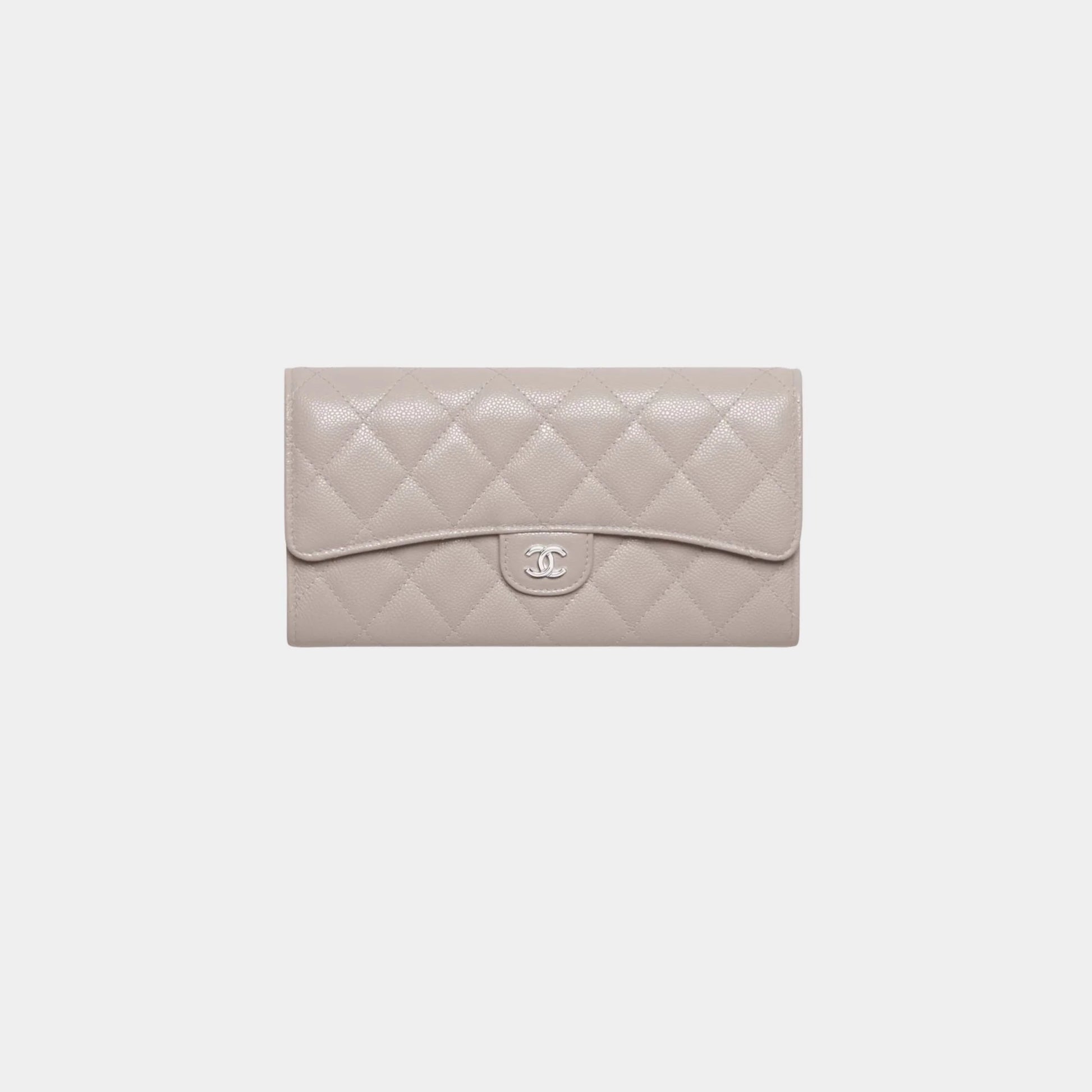 Chanel Classic Long Flap Wallet Grained Shiny Calfskin & Metal, ark Grey , Front 
