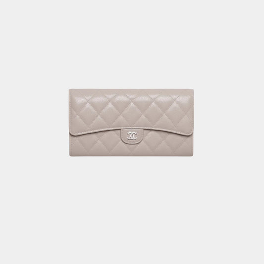 Chanel Classic Long Flap Wallet Grained Shiny Calfskin & Metal, ark Grey , Front 