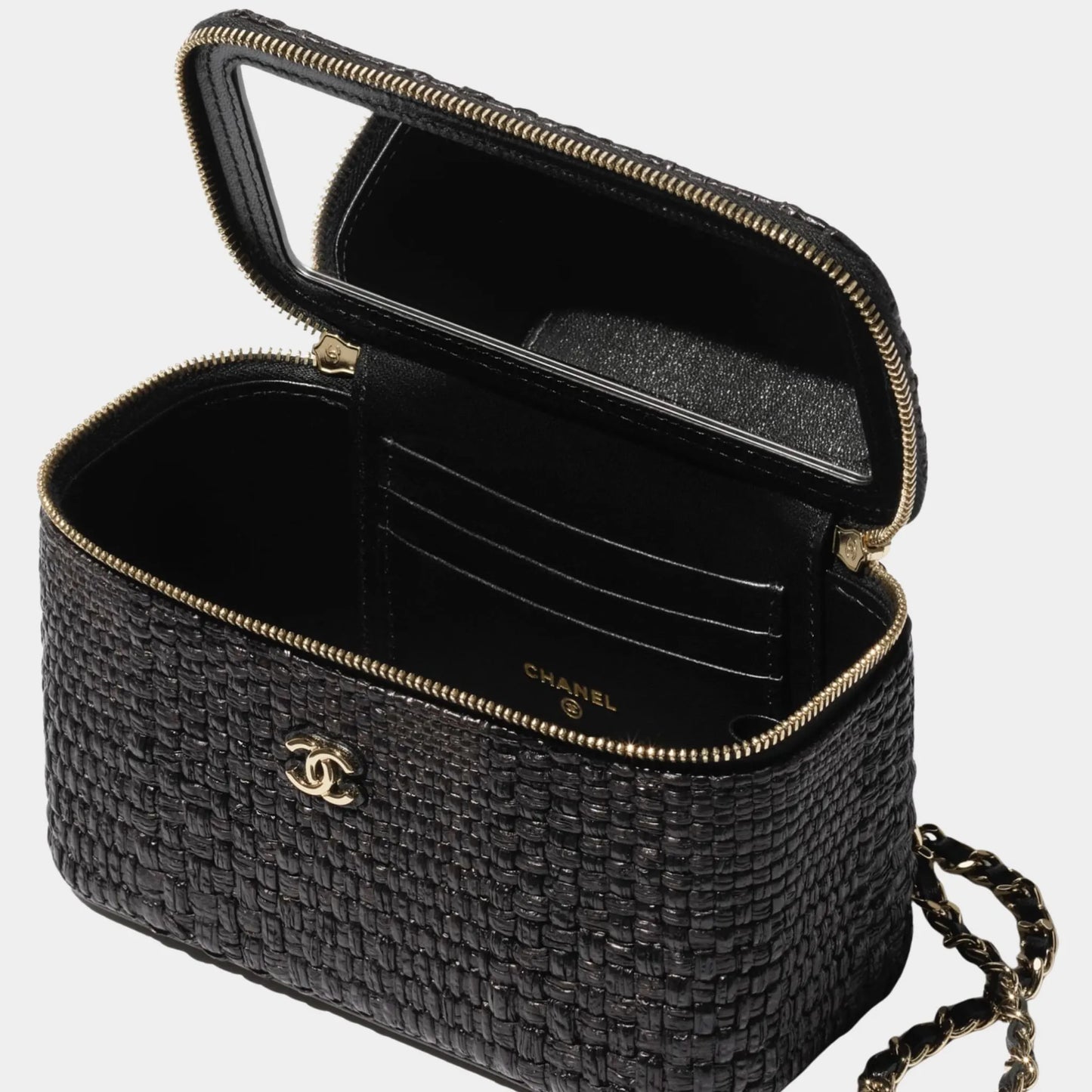 Classic Long Vanity With Chain Braided Raffia & Gold Tone Metal