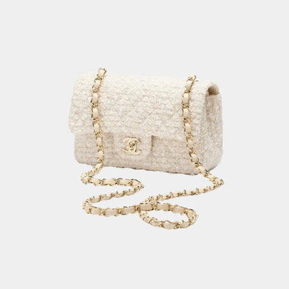 Classic Mini Bag Tweed & Gold metal Beige & White