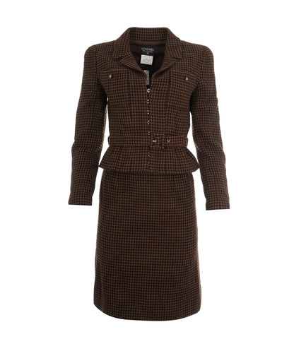 Chanel Coco Button Houndstooth Tweed Suit Jacket Skirt 96A Brown AVC1884