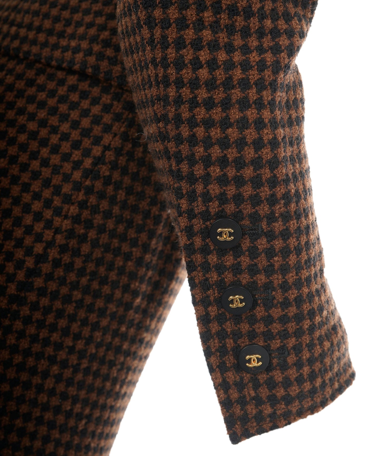 Chanel Coco Button Houndstooth Tweed Suit Jacket Skirt 96A Brown AVC1884