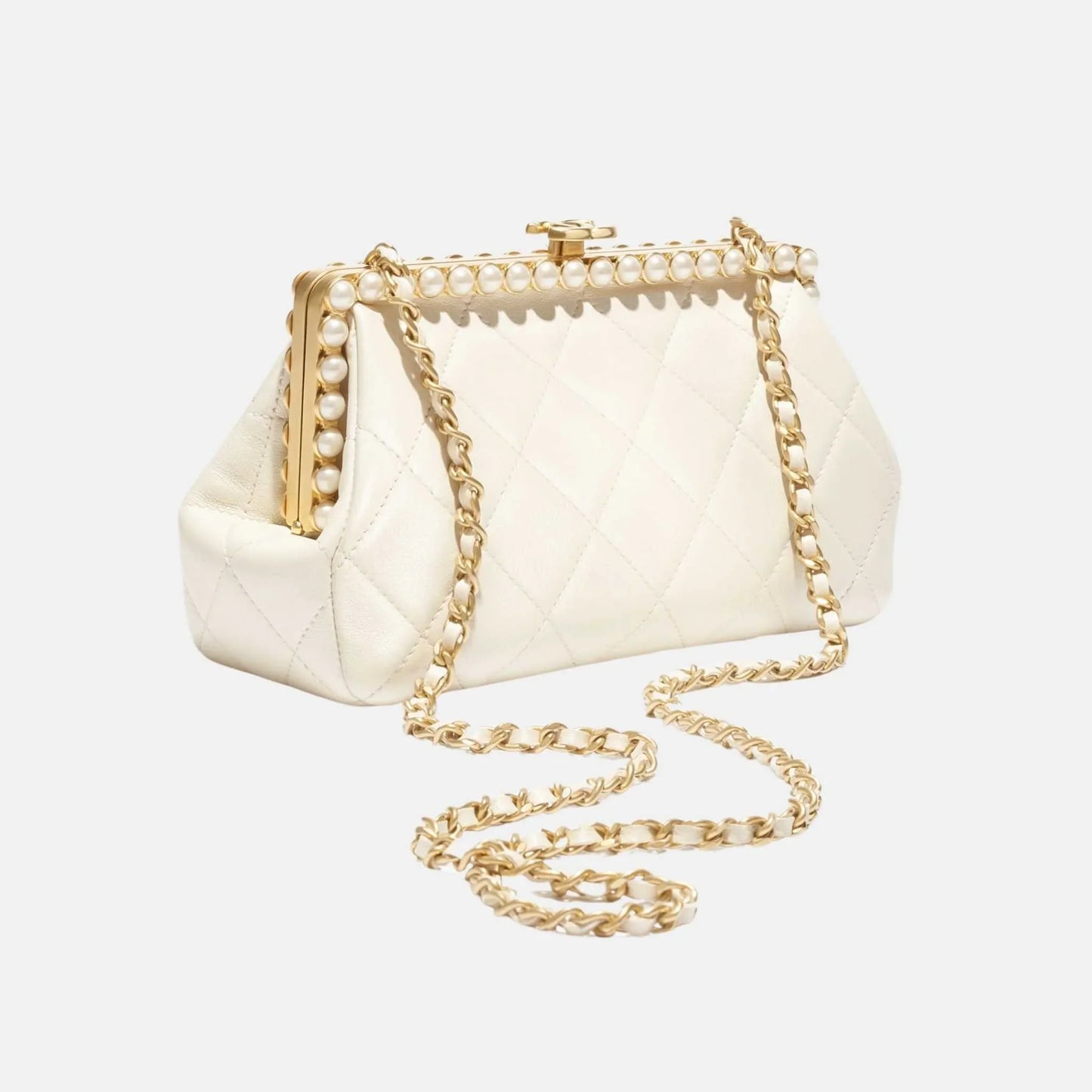 Clutch Pearly Lambskin Imitation Pearls Gold Tone Metal in Light Beige