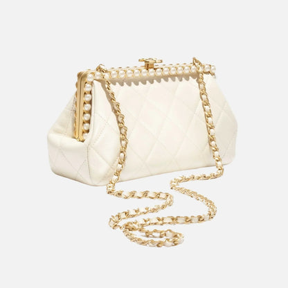 Clutch Pearly Lambskin Imitation Pearls Gold Tone Metal in Light Beige