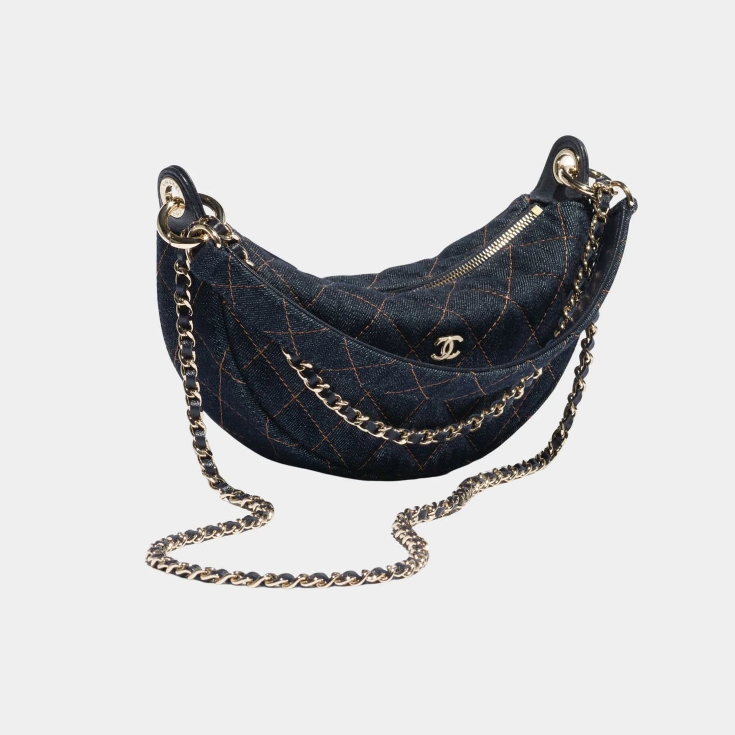 Clutch With Chain Denim & Gold Metal