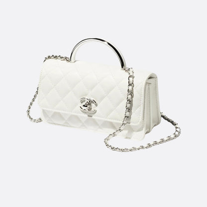 Clutch with Chain Shiny grained Calfskin Resin Silver-Tone Metal