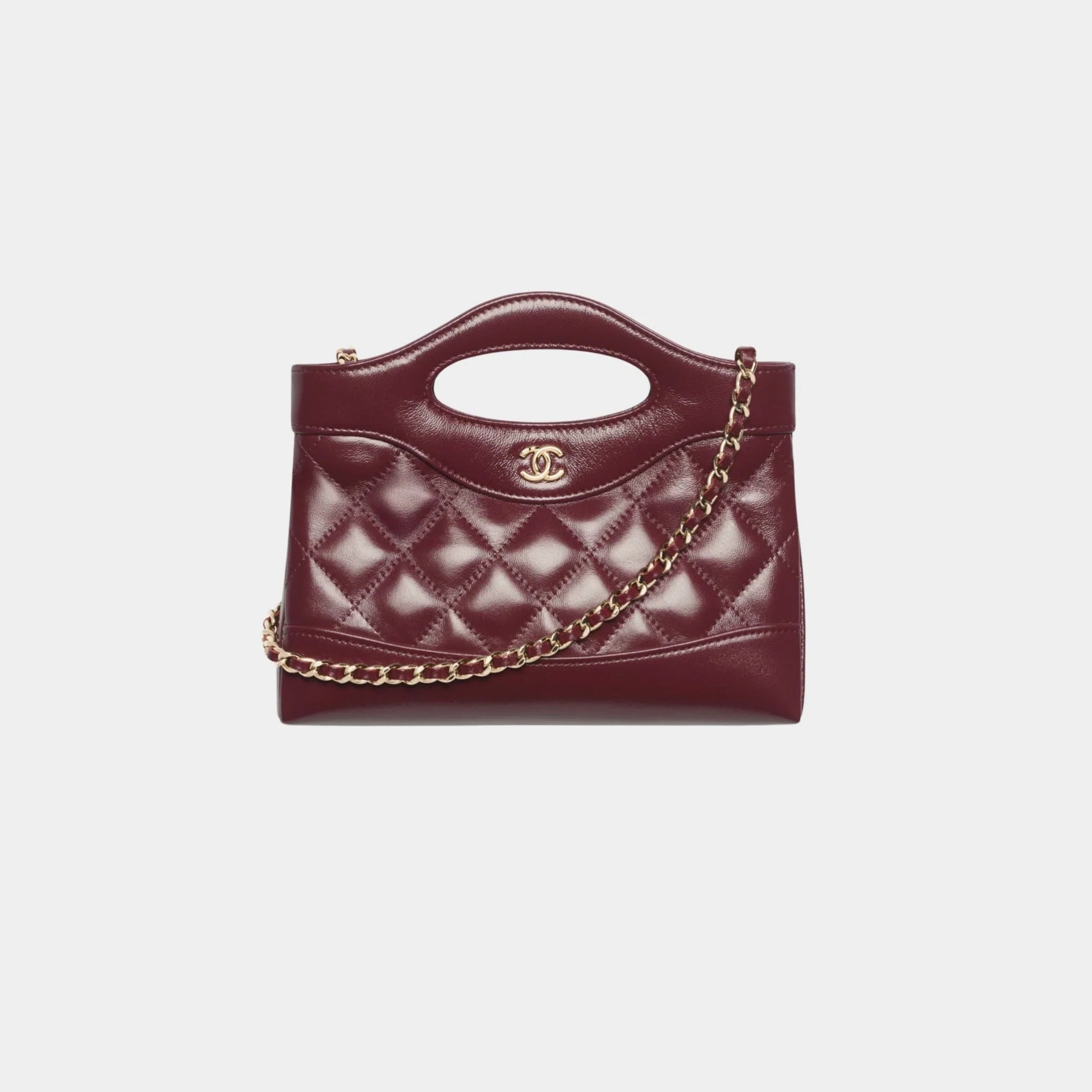 Clutch With Chain Shiny Lambskin & Gold Tone Metal Dark Burgundy