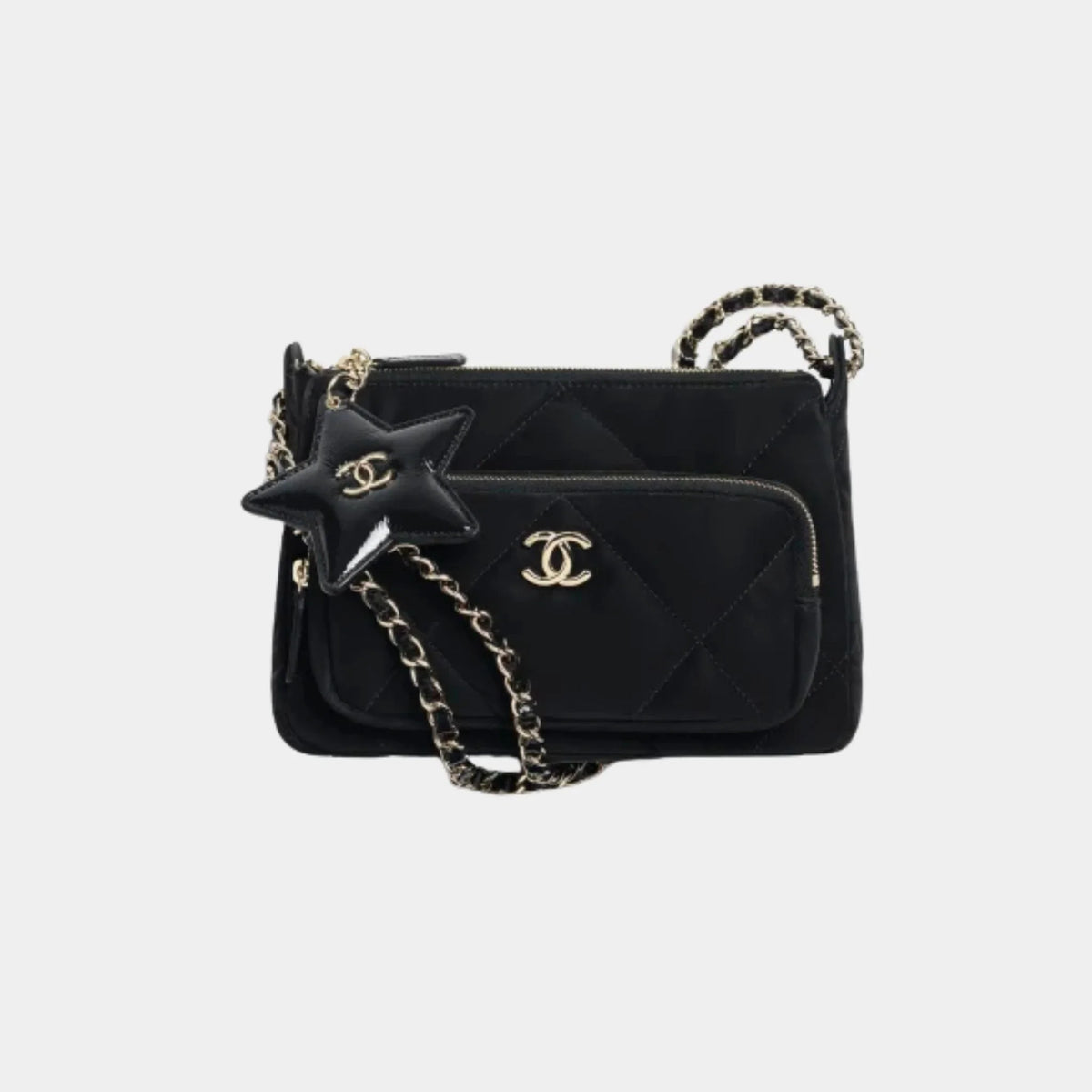 Clutch with chain Velvet-effect nylon Shiny crinkled calfskin