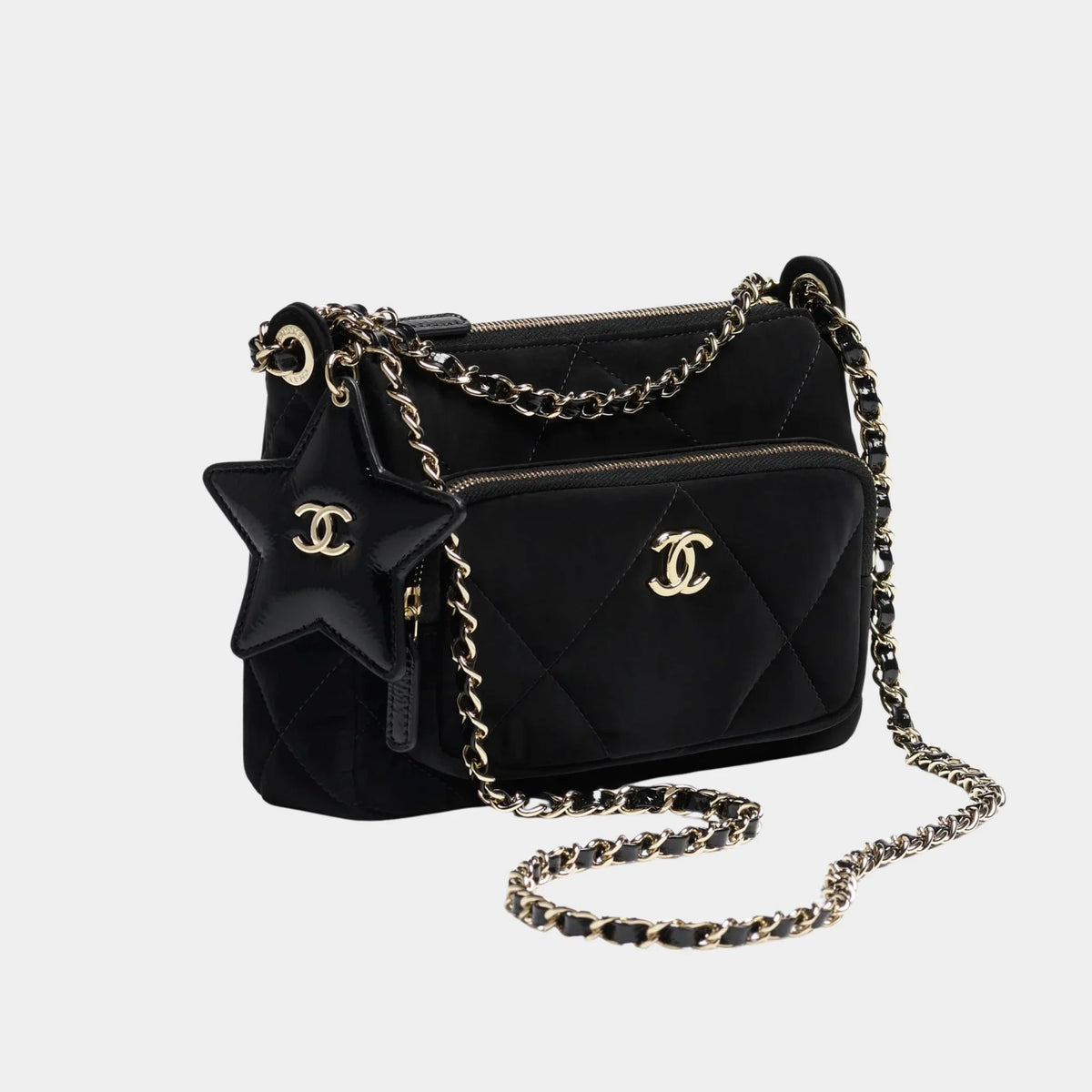 Clutch with chain Velvet-effect nylon Shiny crinkled calfskin