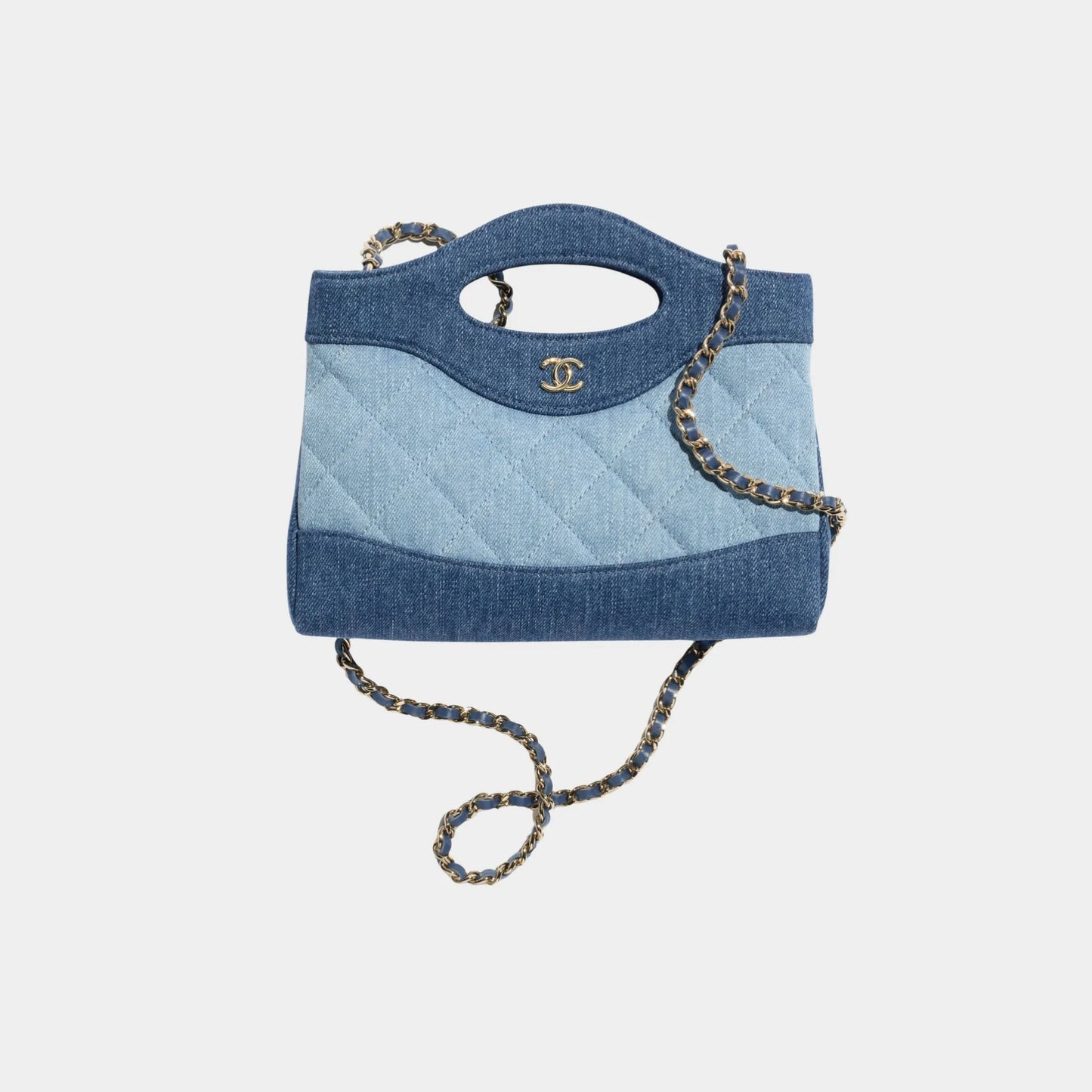 Chanel Clutch With Chain Washed Demin & Gold Tone Metal, Dark Blue  and Light Blue 