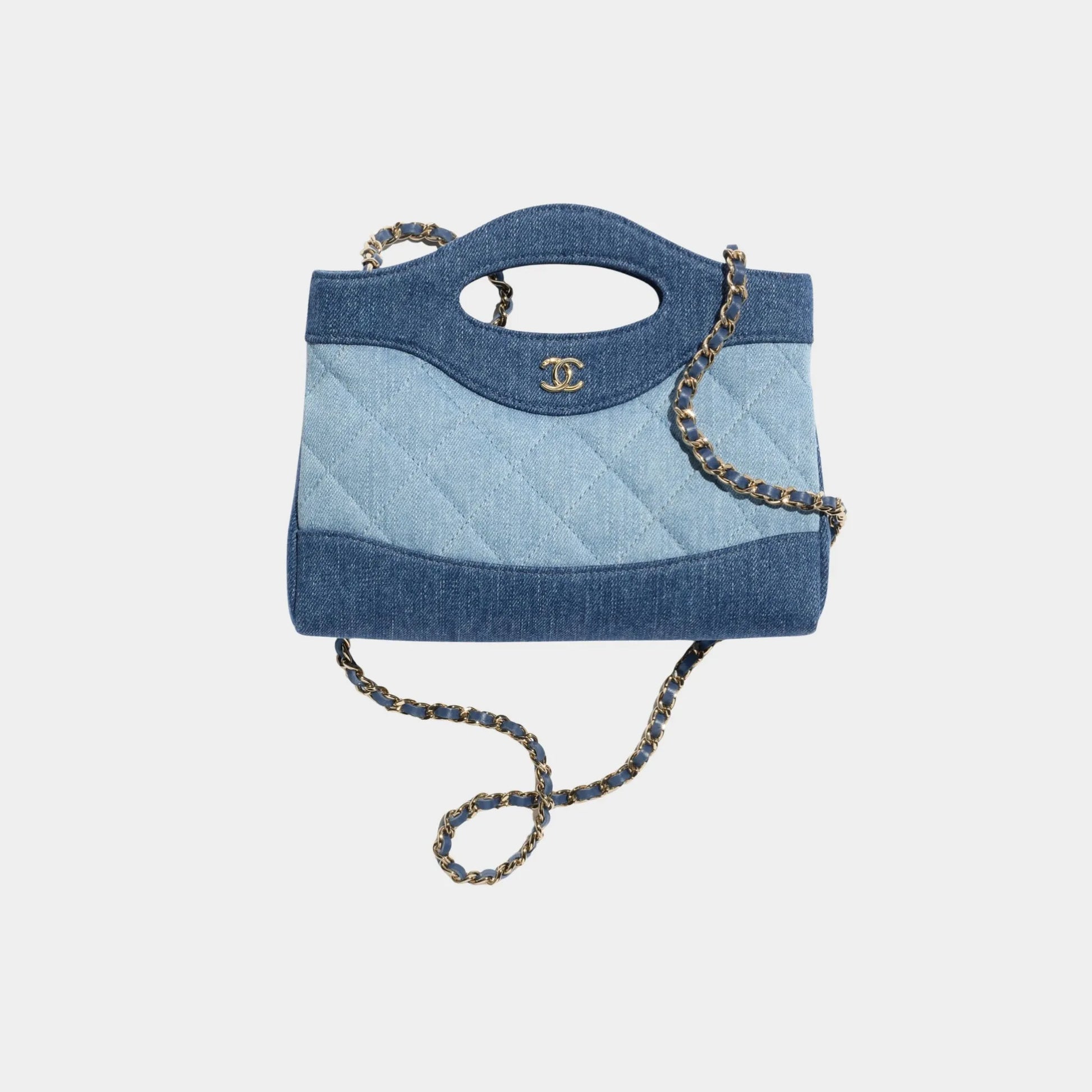 Chanel Clutch With Chain Washed Demin & Gold Tone Metal, Dark Blue  and Light Blue 