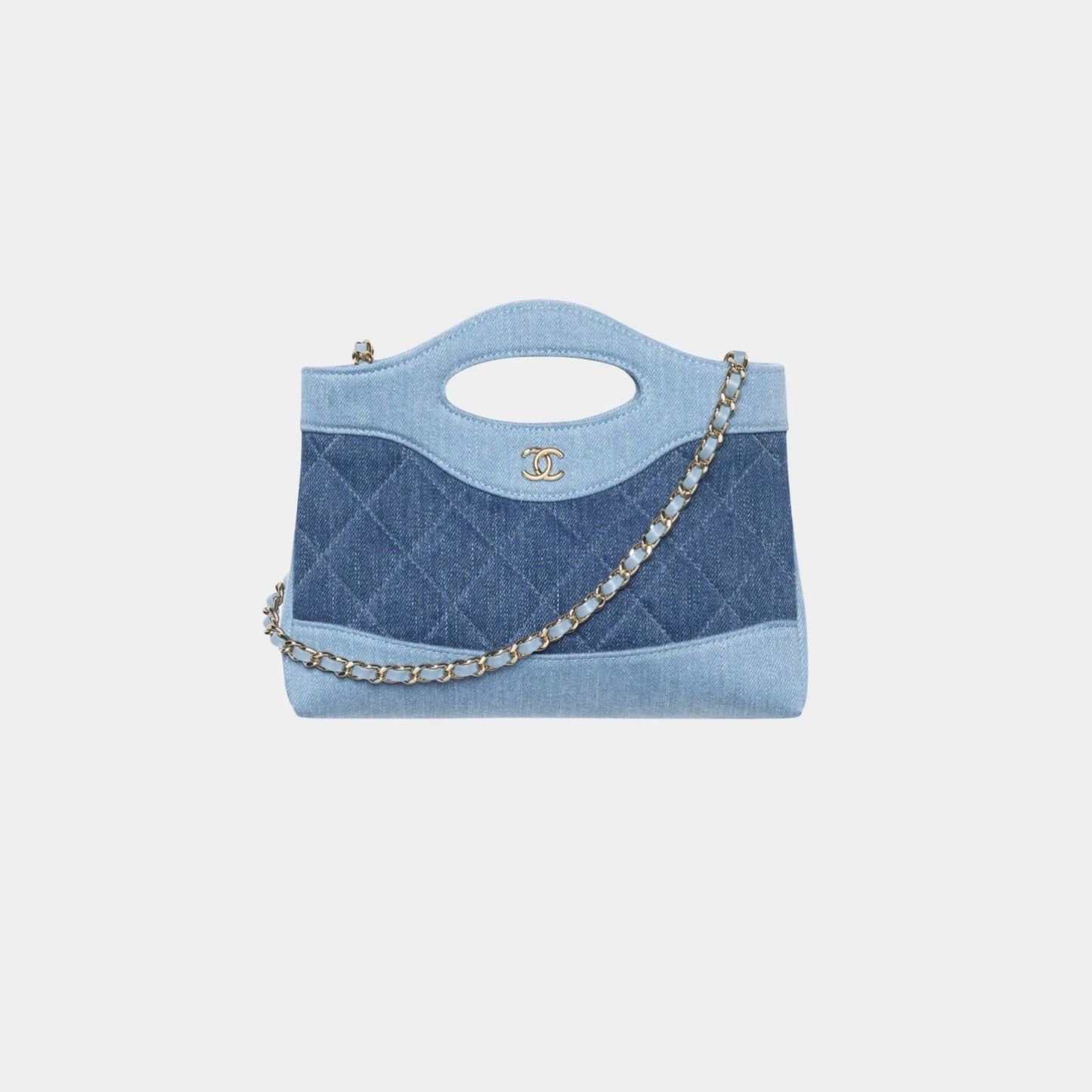 Chanel Clutch With Chain Washed Demin & Gold Tone Metal, Light Blue and Dark Blue 