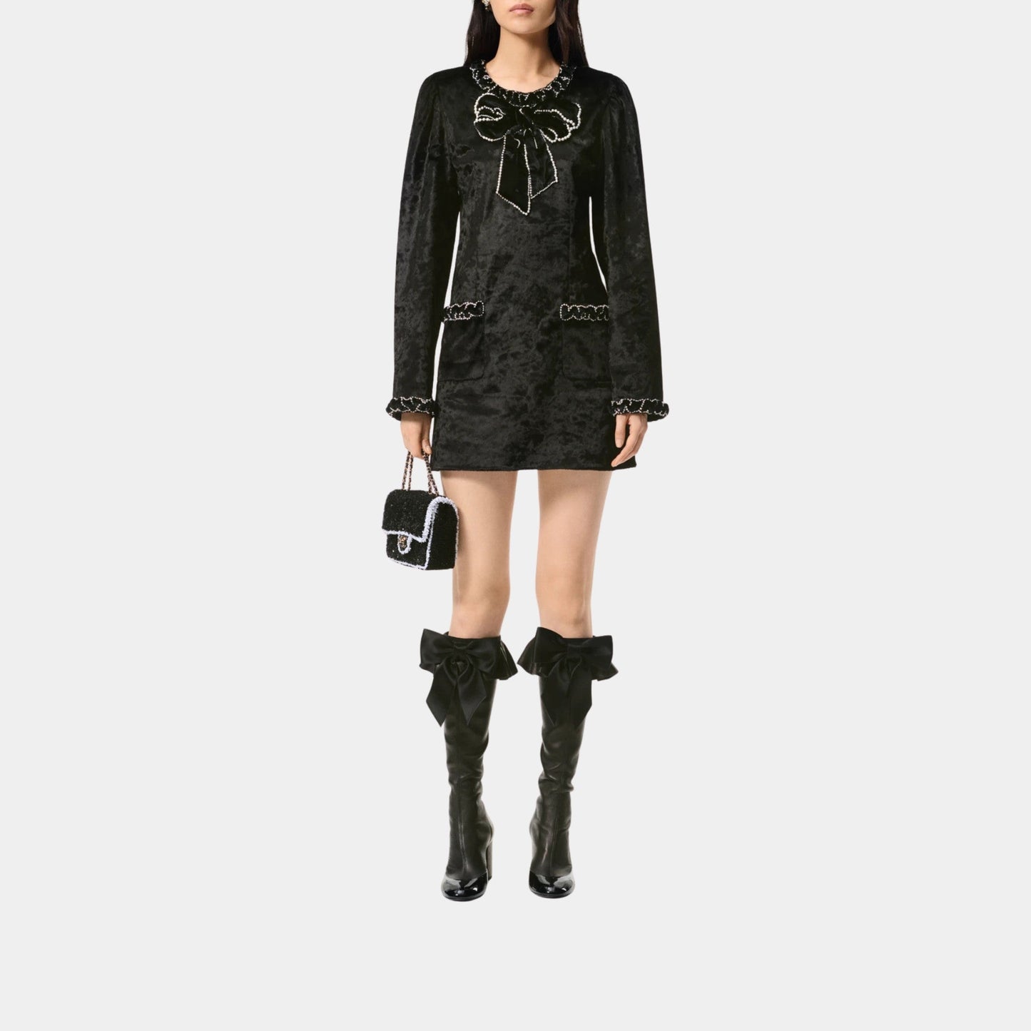 Chanel Cotton Velvet Short Dress Embroidered with Imitation Pearls, Black, Front