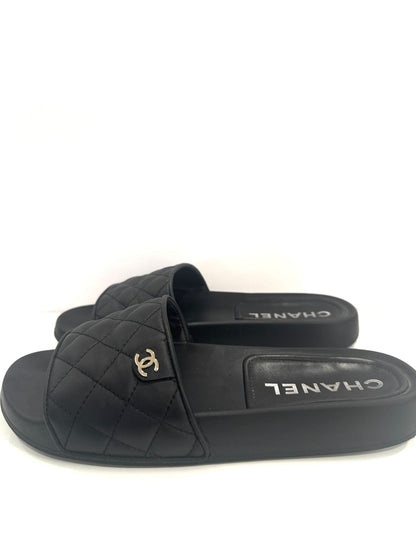 CHANEL INTERLOCKING CC LOGO LAMBSKIN LEATHER SLIDES