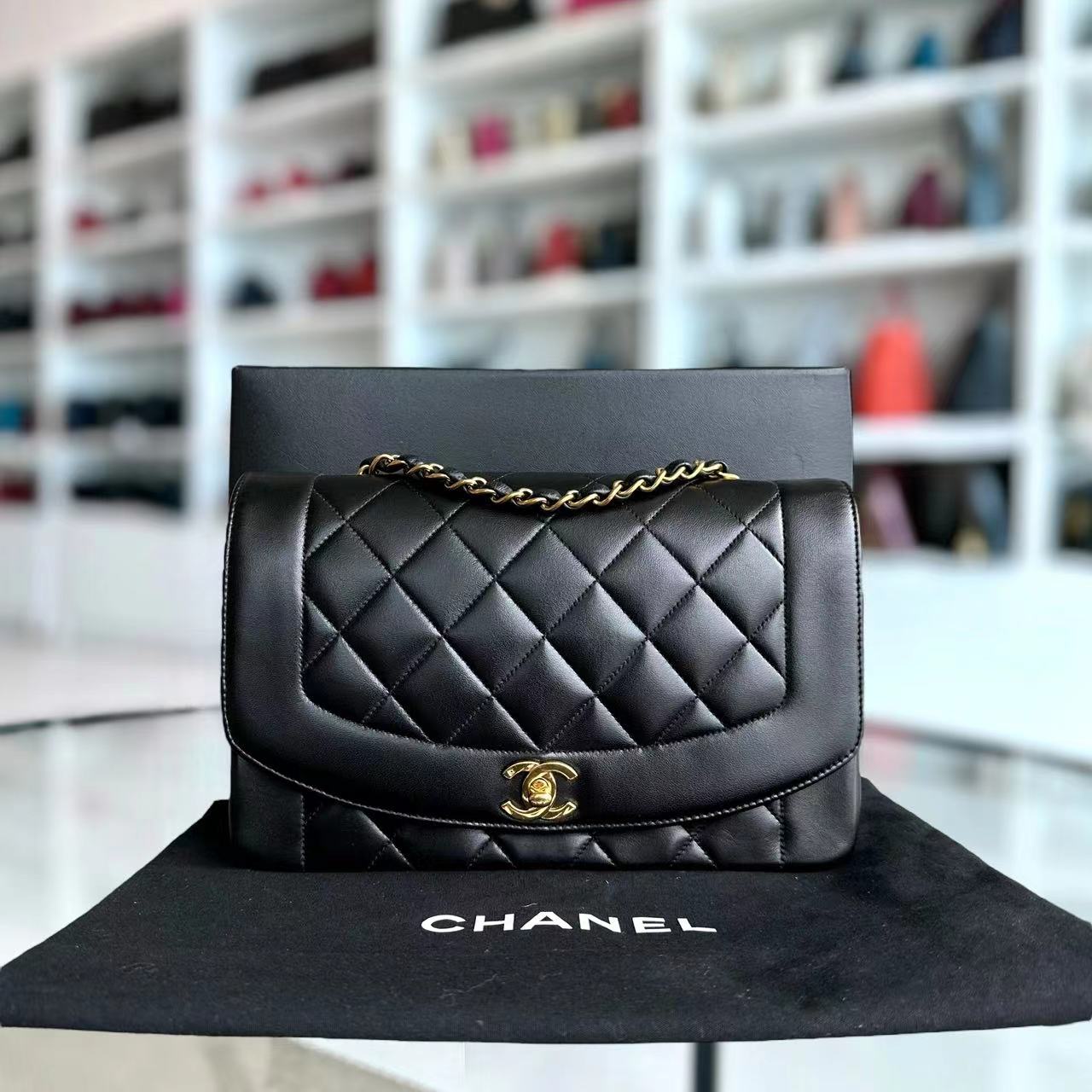 Diana Medium Quilted Lambskin Black Golden Hardware Series 3