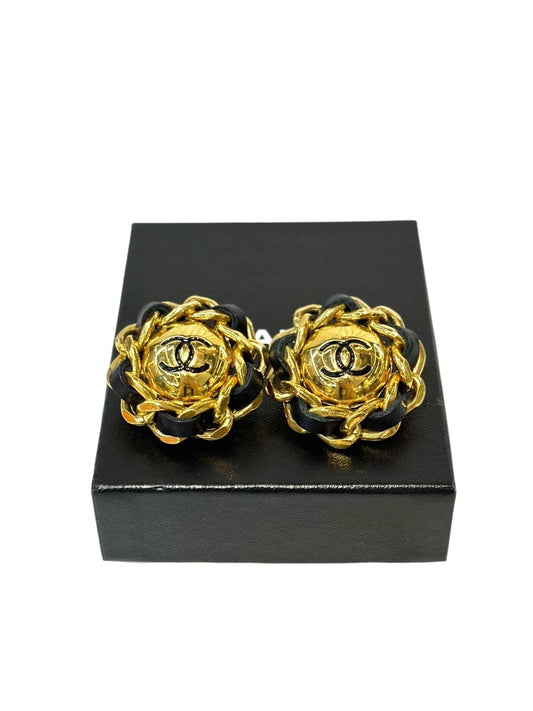 Chanel Black Leather & Gold CC Earrings