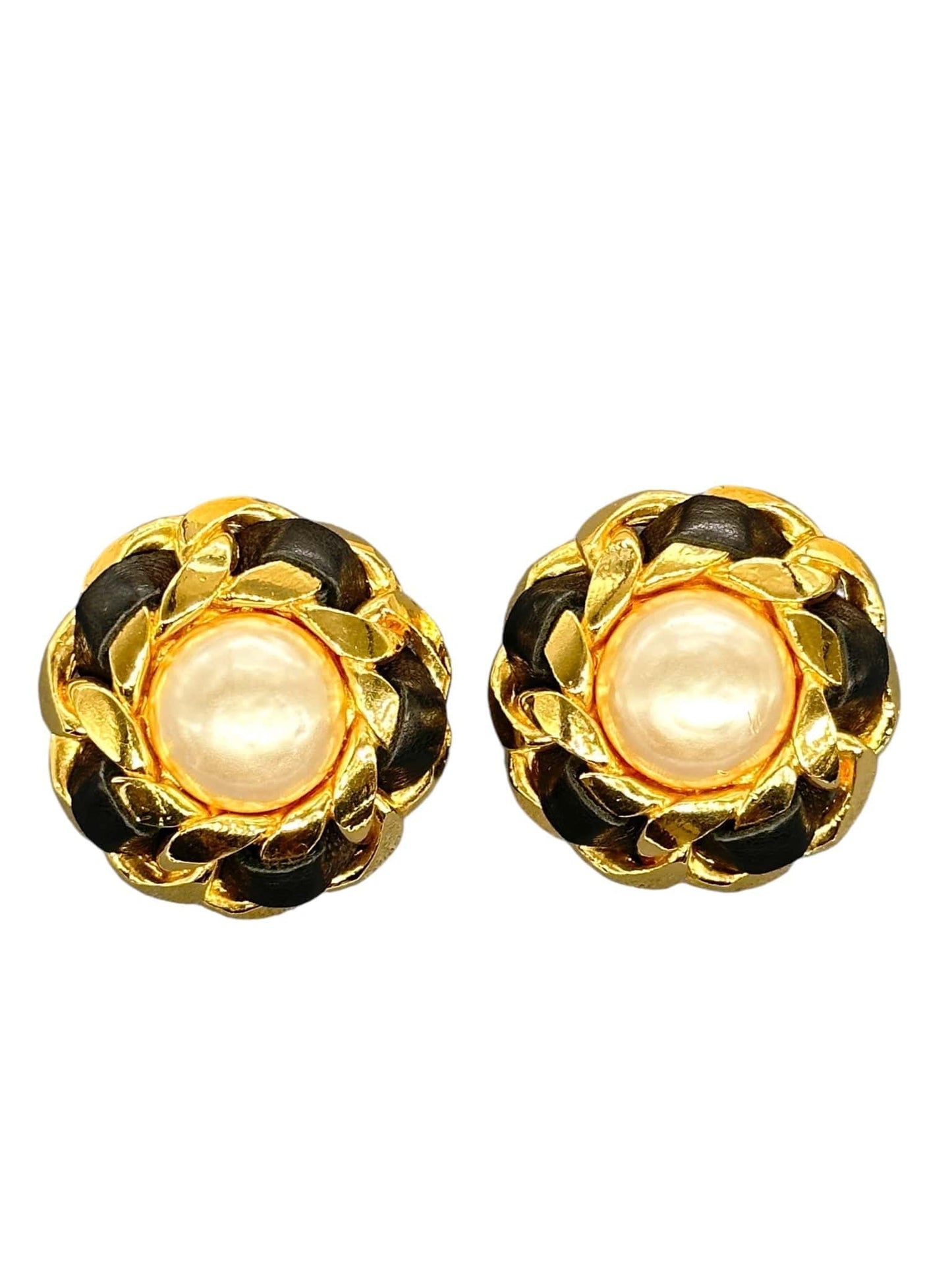 Chanel Pearl with Gold/Leather Outside Earrings