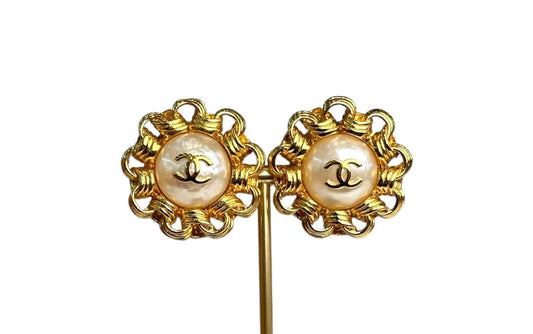 Chanel Vintage Pearl and Gold Chain Earrings