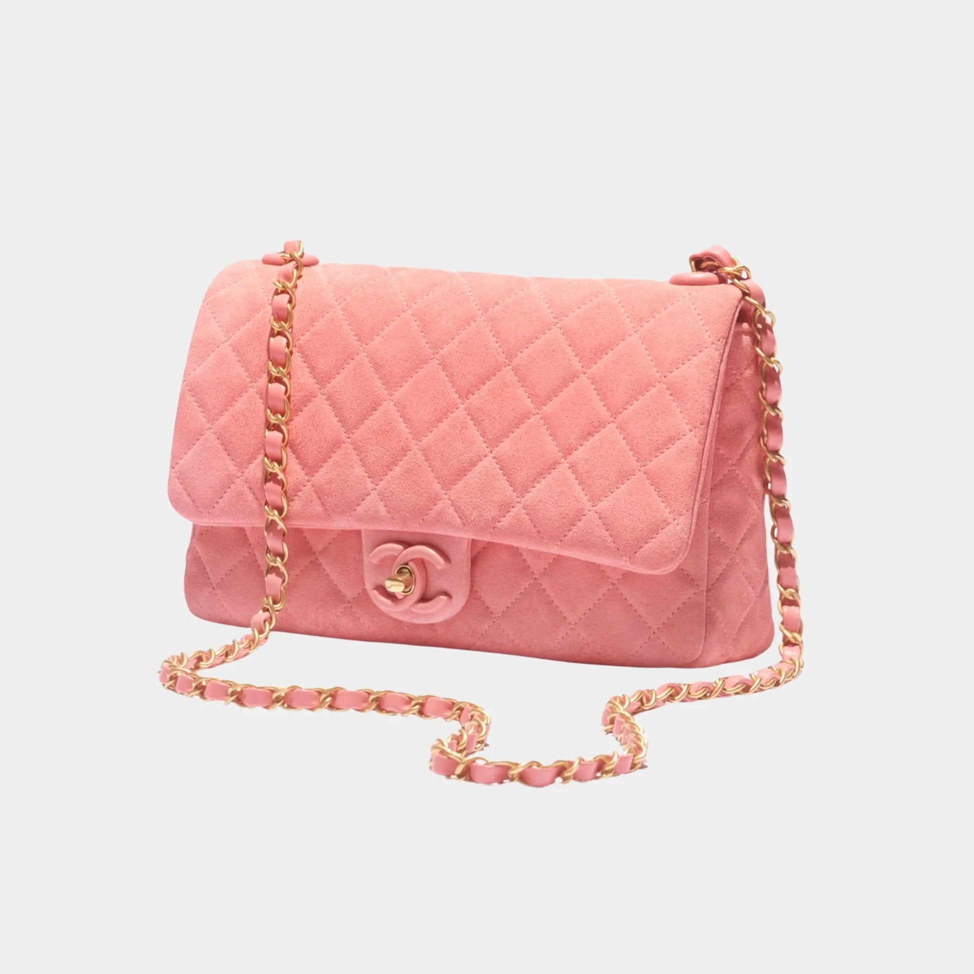 Chanel Flap Bag Suede Calfskin, Lambskin & Gold-Tone Metal in Pink, Side