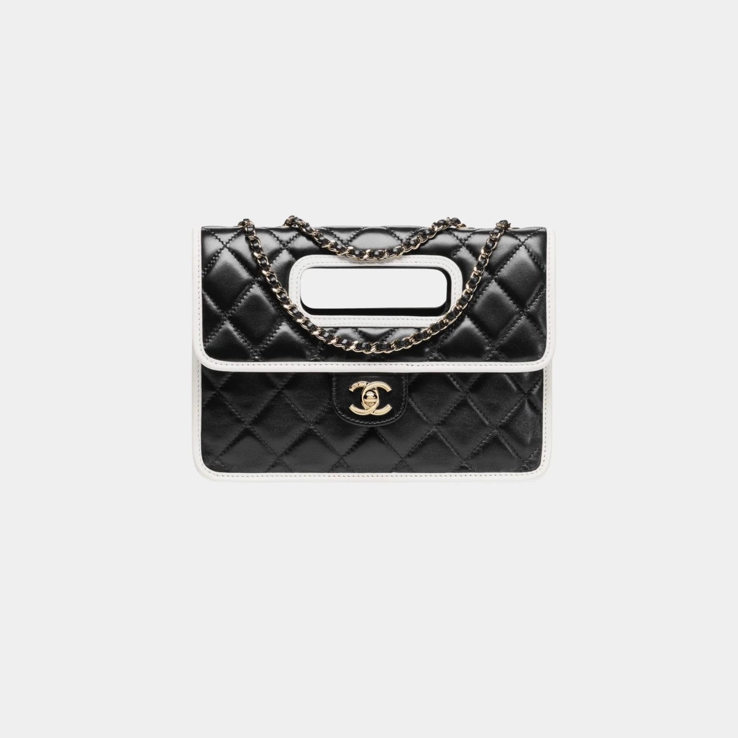 Flap Bag With Top Handle Shiny Lambskin & Gold tone Metal Black & White