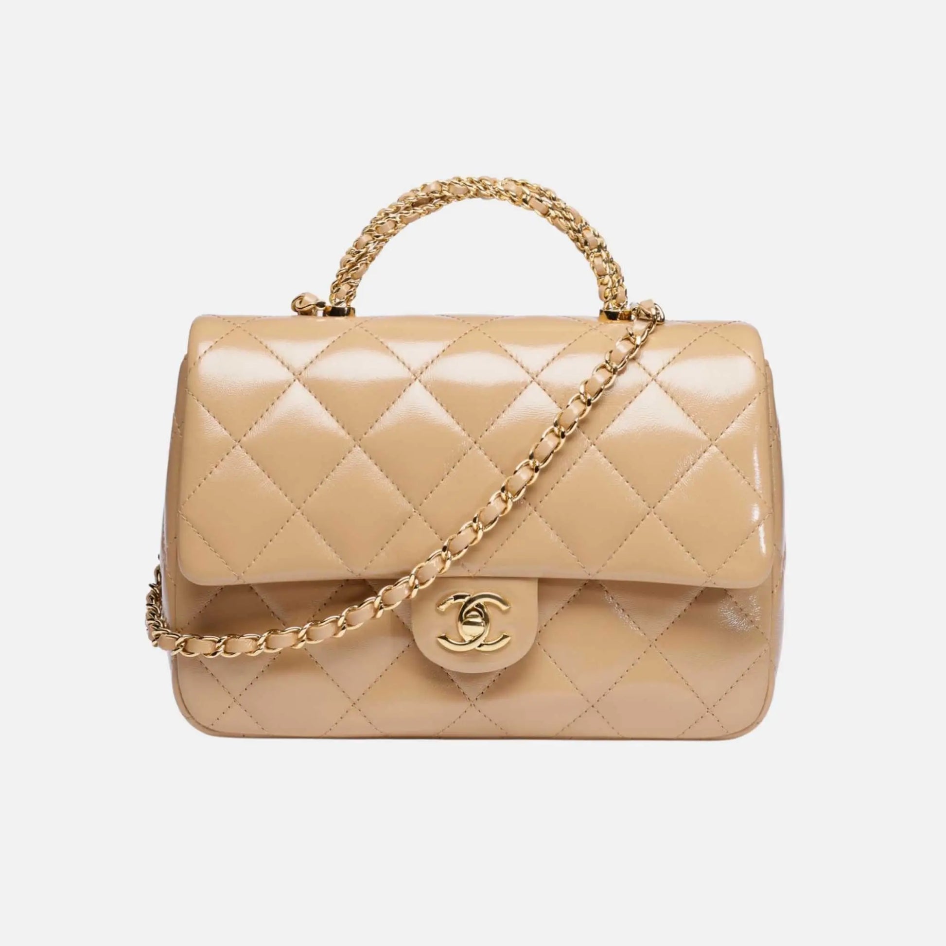 Chanel Flap Bag with Top Handle in Shiny Lambskin and Gold Tone Metal