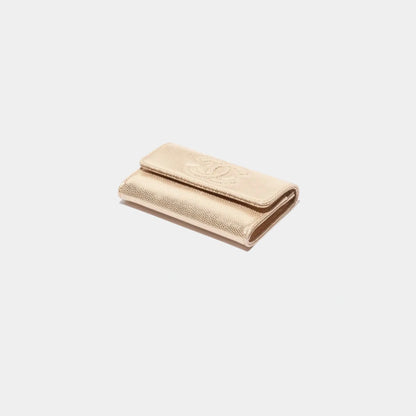 Flap Card Holder Metallic Grained Calfskin & Gold Metal