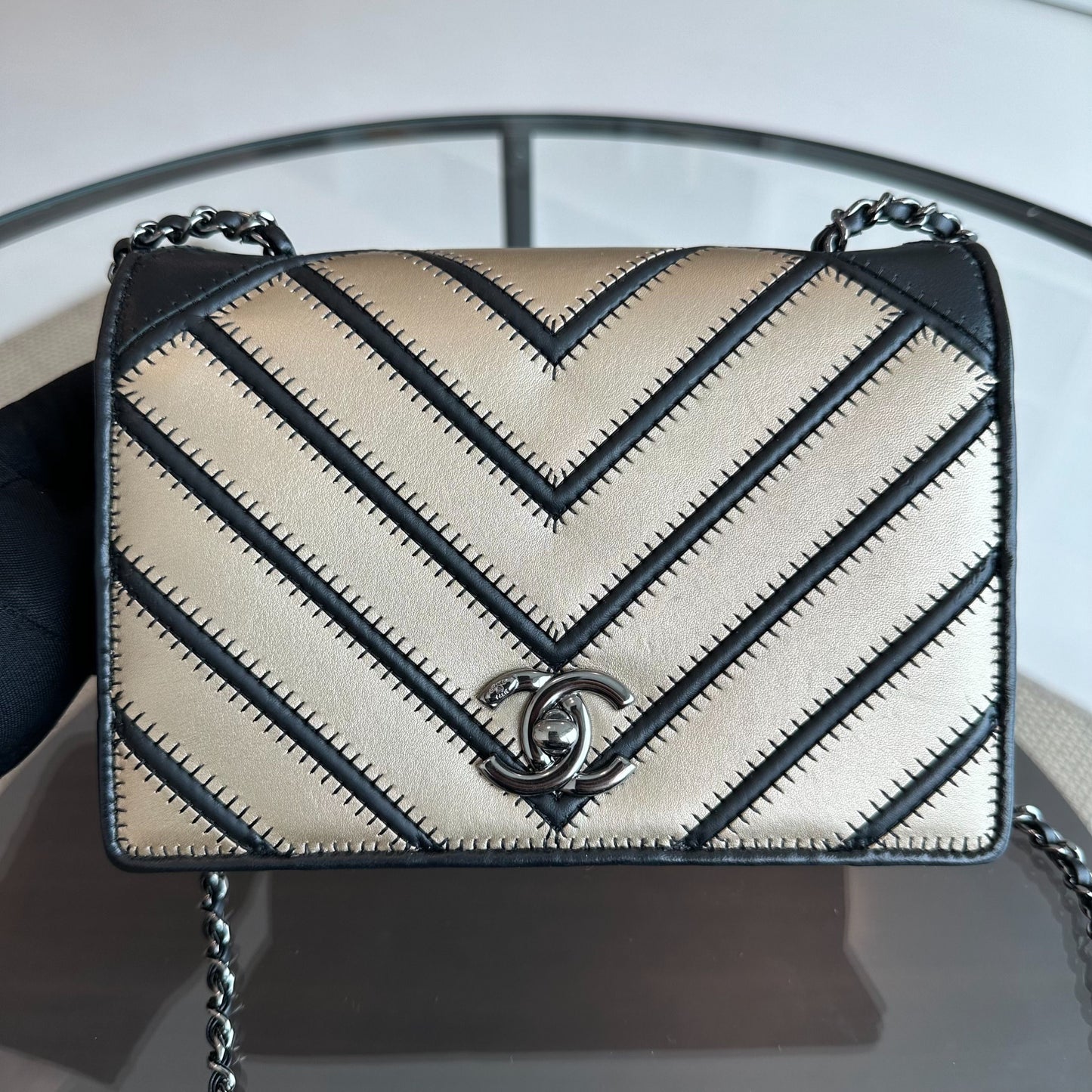 Flap Couture Chevron Stitched Gold Black Cross Body SHW No 23