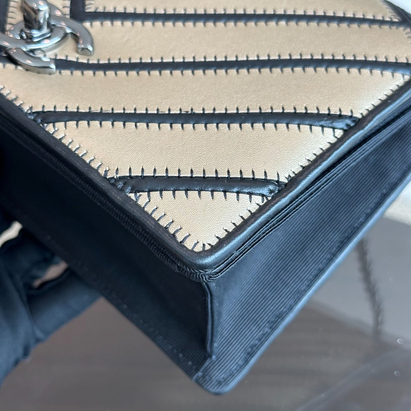 Flap Couture Chevron Stitched Gold Black Cross Body SHW No 23