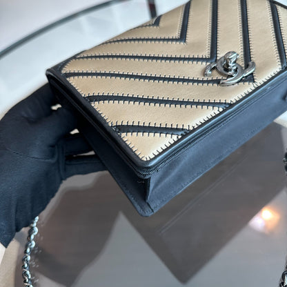 Flap Couture Chevron Stitched Gold Black Cross Body SHW No 23