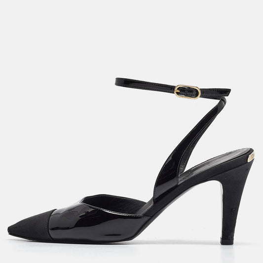 Chanel Black Patent Leather and Canvas Ankle Strap Pumps Size 38 RJC4322