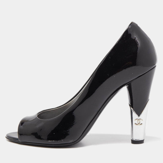 Chanel Black Patent Leather CC Peep Toe Pumps Size 36.5 RJC4315