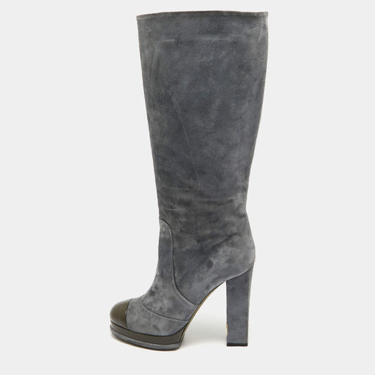 Chanel Grey Suede CC Cap Toe Block Heel Knee Length Boots Size 40.5 RJC4331