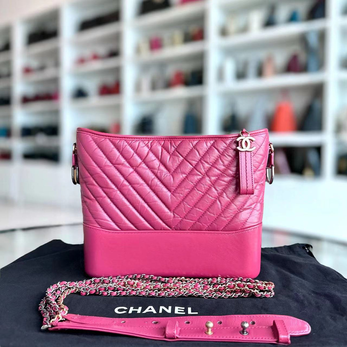Gabrielle Medium 27CM Chevron Calfskin Hot Pink Two-tone Hardware