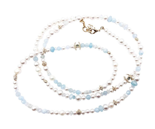 Chanel Brand New Gold CC Aquamarine Fresh Water Pearl Necklace