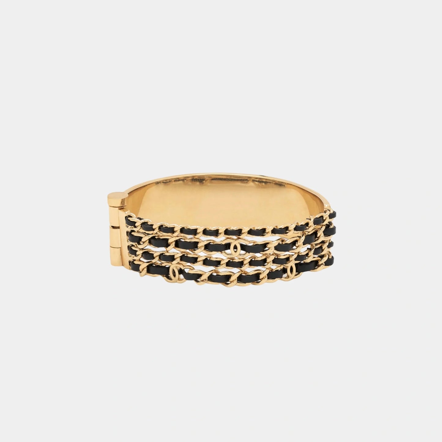 Gold Metal and Black Lambskin Chain Cuff Bracelet
