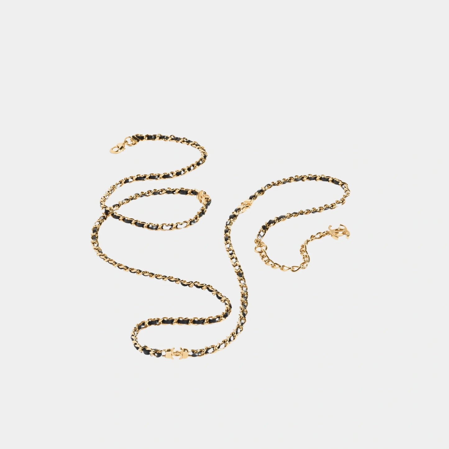 Gold Metal and Black Lambskin Long Chain Necklace