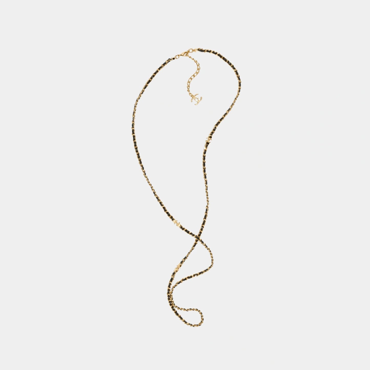 Gold Metal and Black Lambskin Long Chain Necklace