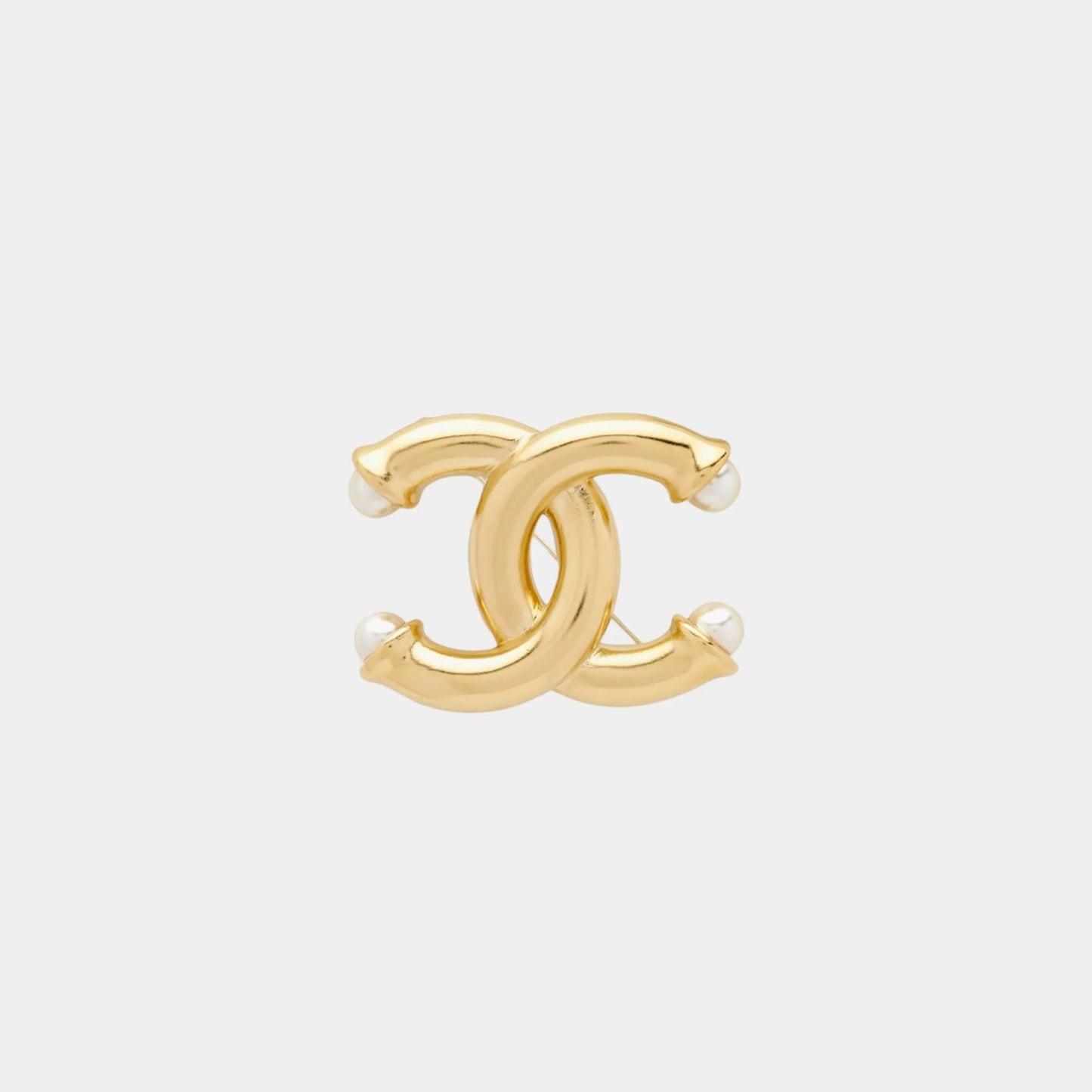 Gold Metal CC Brooch with Glass Pearls