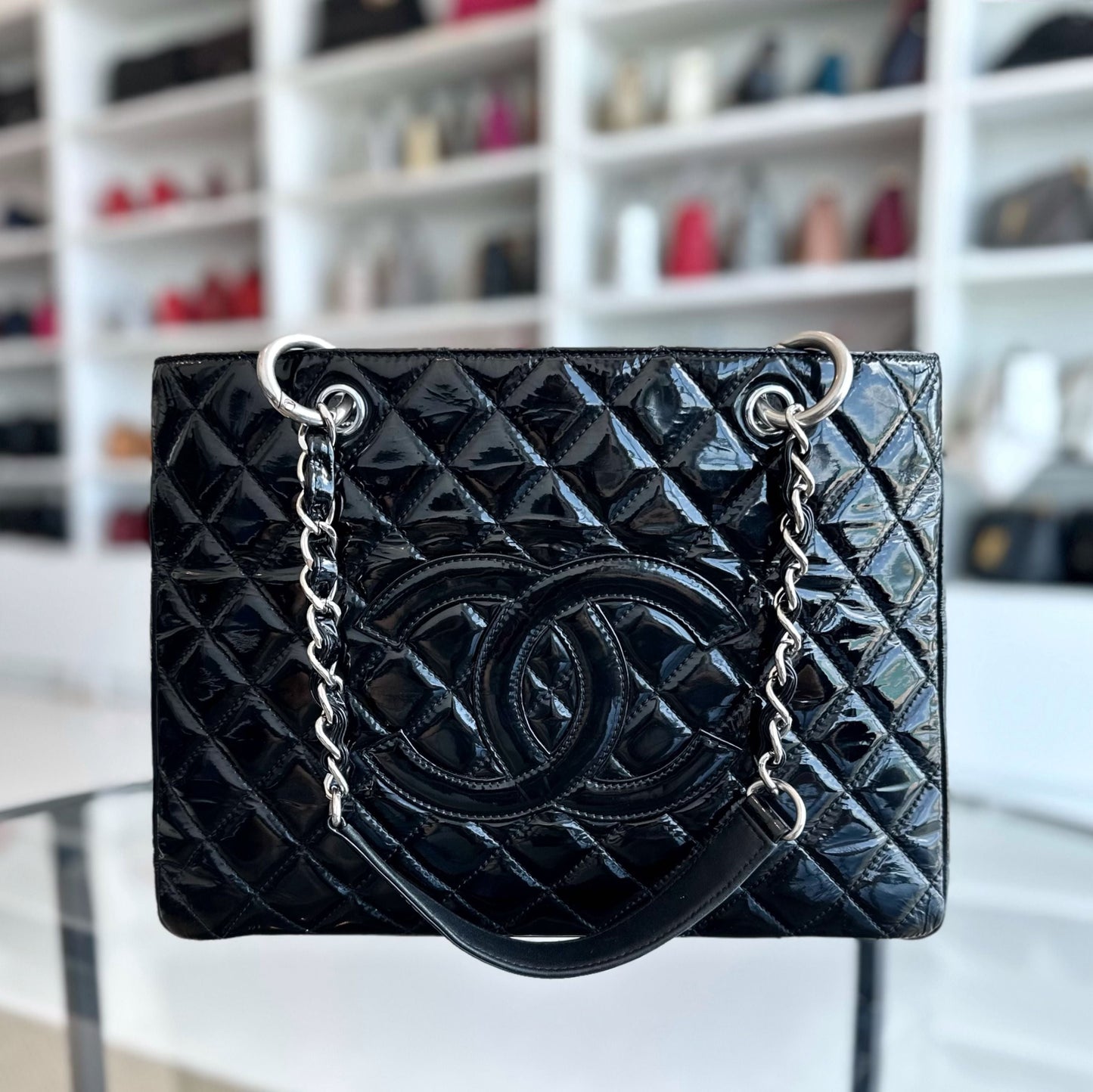 GST Grand Shopping Tote Patent Leather Quilted Black SHW No 12