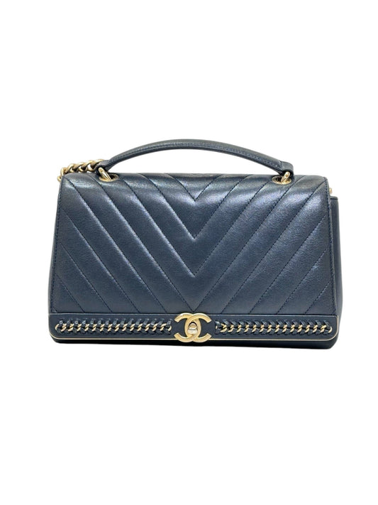 Chanel Blue Leather Handle Chain Bag