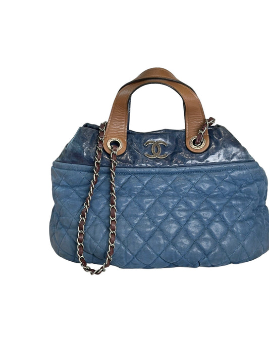 Chanel Tote Bag In Denim Colour Blue with Brown Handles