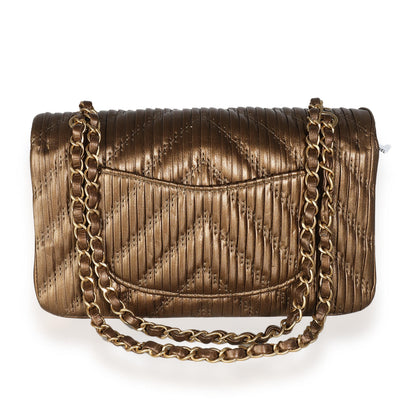 Chanel 18C Bronze Chevron Pleated Calfskin Medium Classic Double Flap Bag
