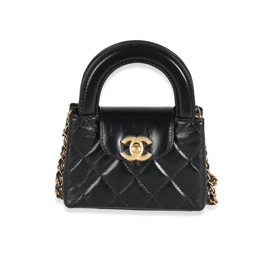 Chanel 24P Black Quilted Shiny Aged Calfskin Mini Nano Kelly Shopper